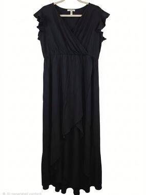 GREZEBELLE Black Maxi Dress XL Ruffle Sleeve Wrap Front Flowy